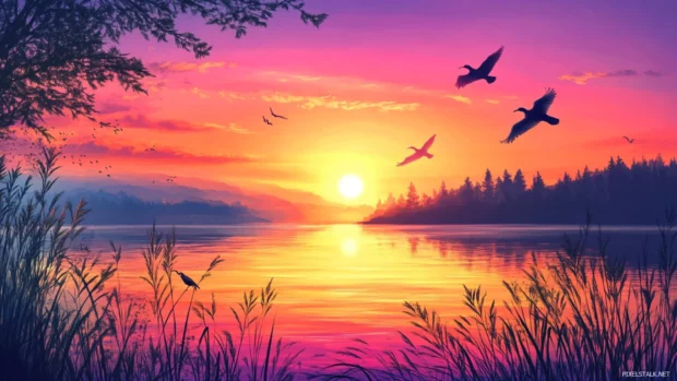 The harmony of nature unfolds with a brilliant sunrise and birds flying freely.
