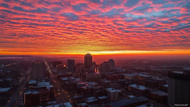 The horizon blazes as sunrise graces the city skyline.