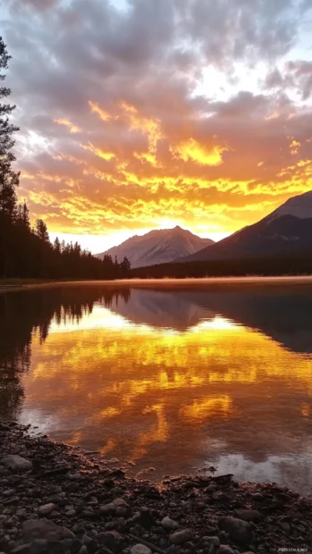 The horizon blazes gold behind mountain silhouettes.