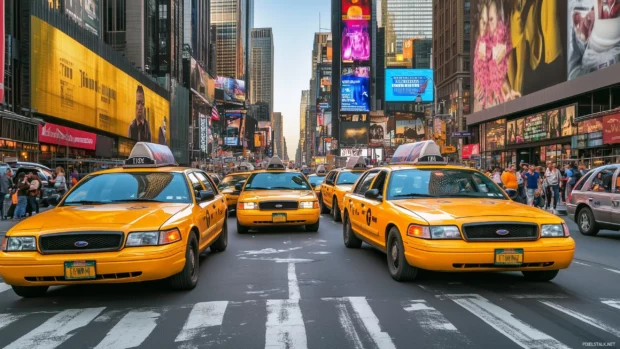 The iconic yellow taxis of New York City driving through busy streets.