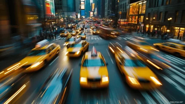 The iconic yellow taxis of New York City driving through busy streets.