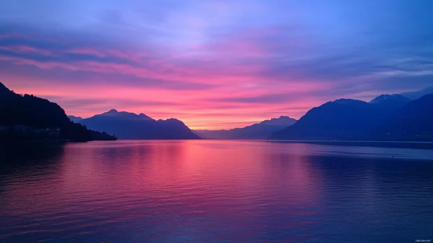 The lake becomes a canvas for the colors of the morning sky.