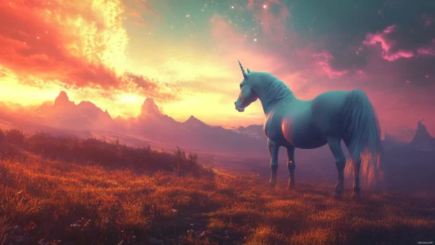 The landscape glows with magical realism in this unicorn wallpaper 4K style.