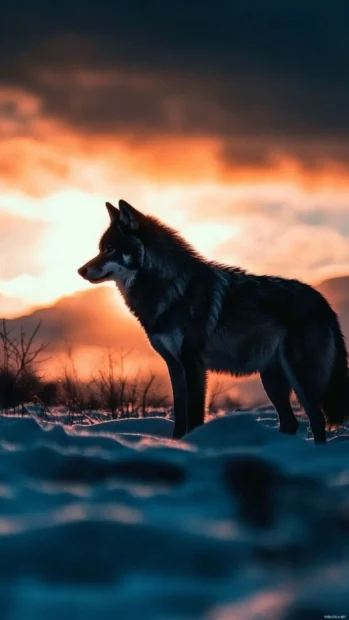 The last light of day catches the fur of the wolf in this dramatic wolf wallpaper in the mountains for.