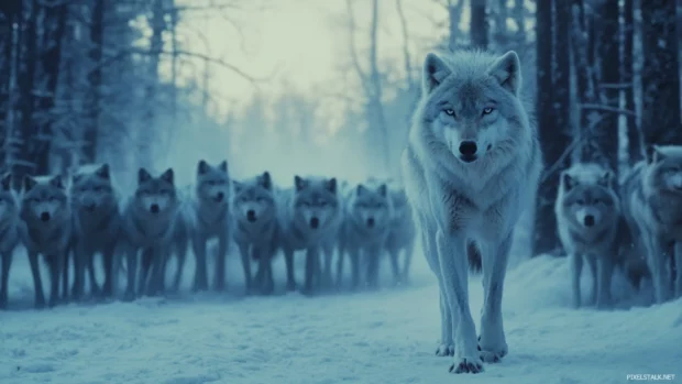 The leader of the pack looks forward while others stand guard, in this wolf pack wallpaper high definition.