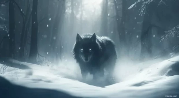 The lone beast moves through deep snow in this cinematic wolf in snow forest background.