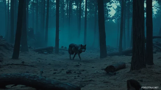 The lone wolf walks through misty pine woods at dawn.