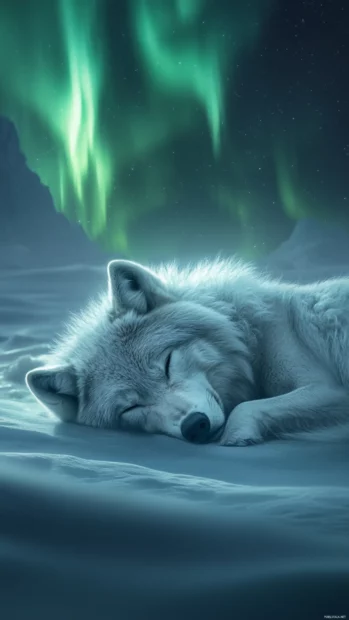 The magical night glows above a peaceful wolf in this vertical aurora wolf wallpaper for iPhone.