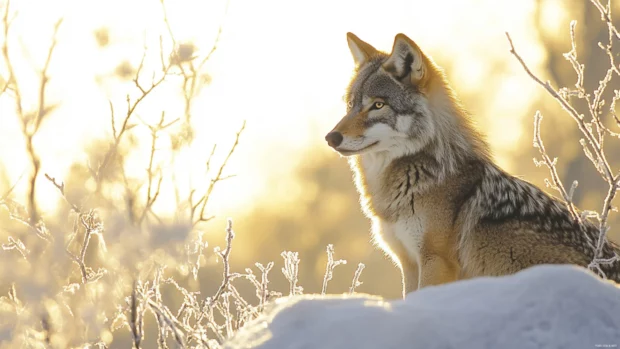 The morning sun filters through icy branches as a grey wolf observes from a hill.