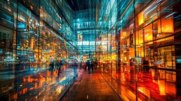 The night city comes alive with light trails and glass reflections.