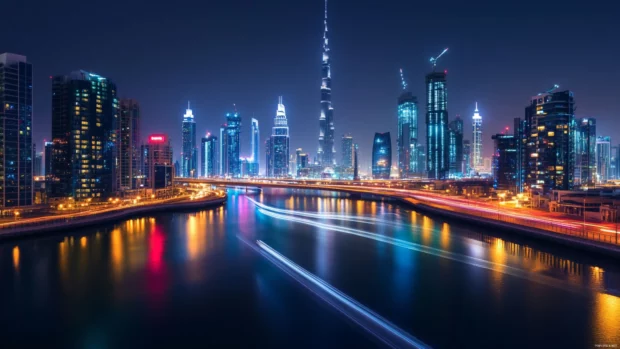 The night city pulses with energy as tower lights blink rhythmically.