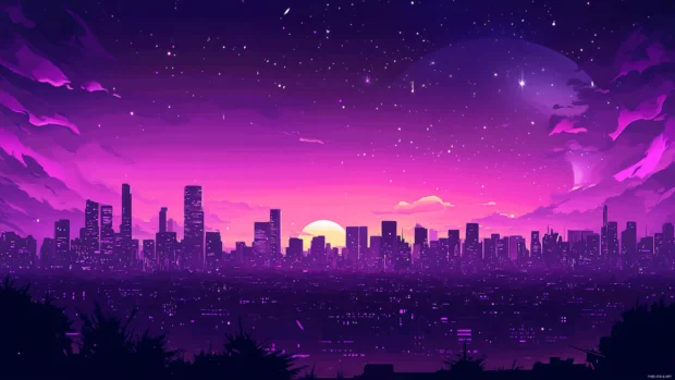 The night city stretches endlessly under a purple sky.