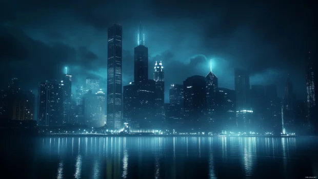 The nighttime Chicago skyline, with lit up skyscrapers reflecting on Lake Michigan.