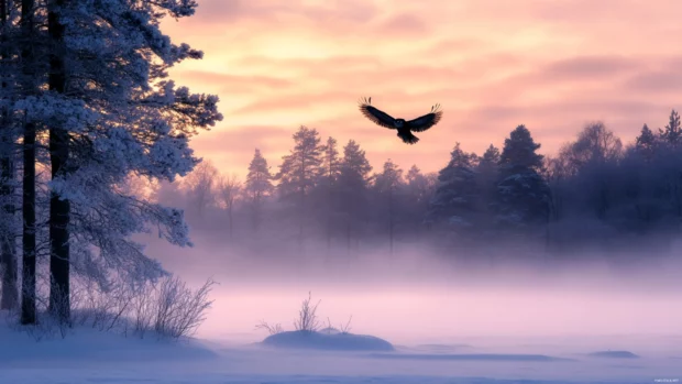 The owl silhouette gliding across pink morning fog above frozen ground.