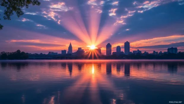 The peace of dawn radiating through a sunrise wallpaper with city skyline.