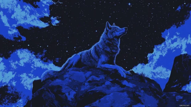 The peaceful night sky lights up in color as a lone wolf rests near a rock outcrop.