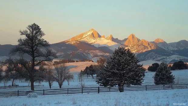 The peaks shimmer under pale gold light in crisp morning air.