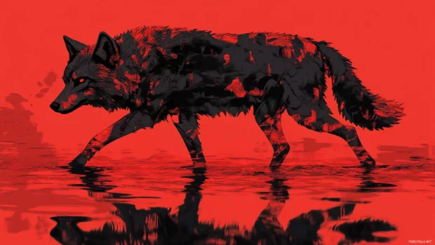 The red dusk glows behind a translucent wolf walking across liquid mirrors.