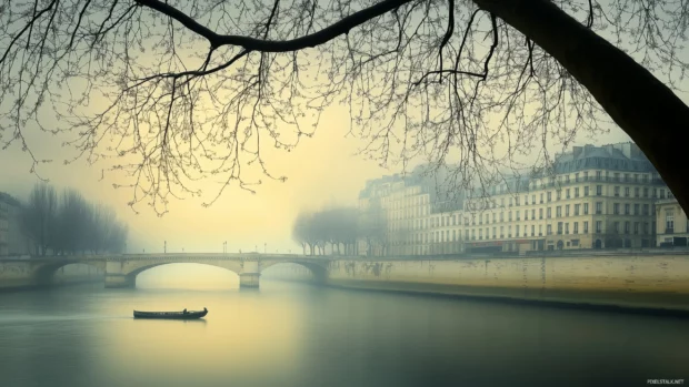 The serene Seine River with a soft outline of Parisian buildings in the distance.