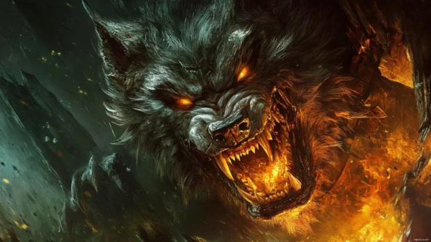 The sharp eyes of the wolf glow with fury in this aggressive wolf wallpaper.
