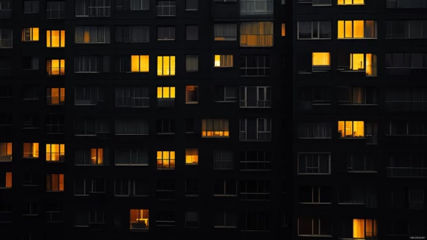 The silence of midnight envelopes the black city buildings.