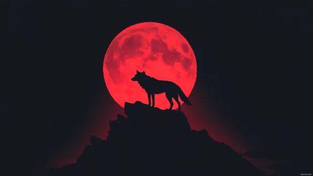 The silhouette of a lone wolf against a red moon in this cinematic wolf moon wallpaper.