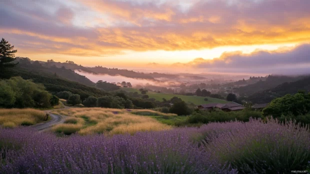 The sky bursts into gold and lavender as clouds part for the rising sun.