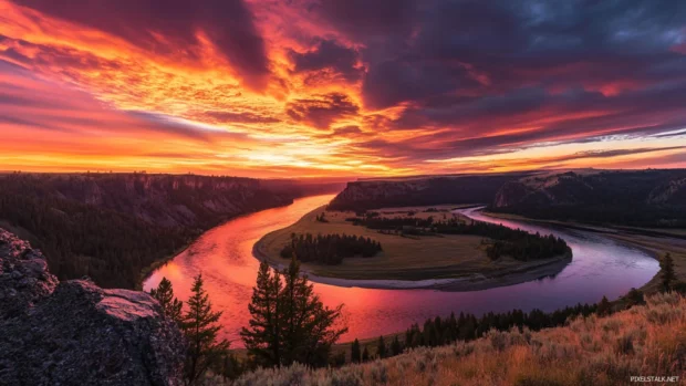 The sky explodes with color above calm river bends at sunrise.