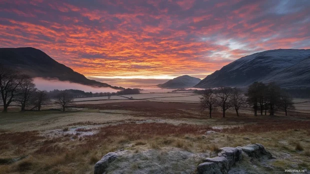 The sky set ablaze by sunrise over distant hills.