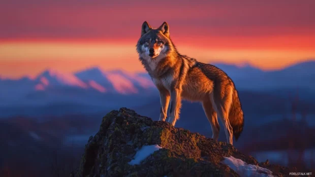 The sky turns red behind a solitary wolf frozen in time atop a dramatic rocky summit.