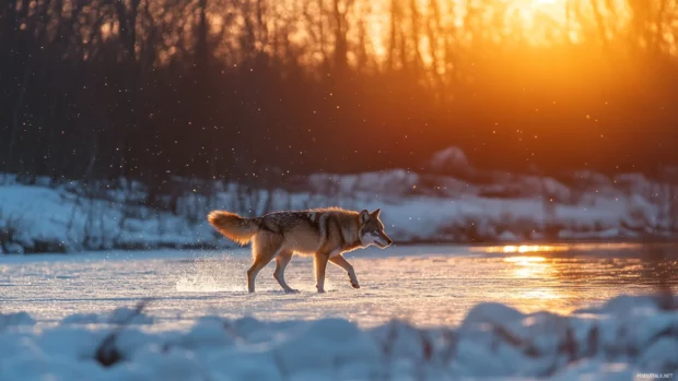 The snow sparkles beneath the paws of a lone wolf crossing a frozen river.