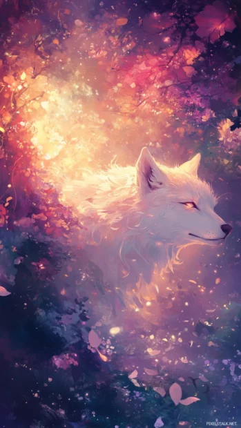 The soft glow of dusk reflects off the fur in this peaceful white wolf wallpaper.