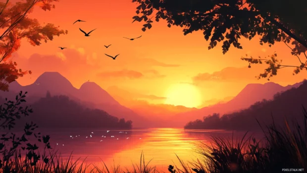 The stillness of dawn broken only by birds gliding through the sunrise air.