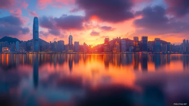 The sunrise reflects off modern cityscapes with brilliance.
