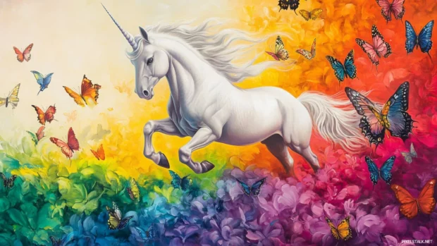 The unicorn climbs a rainbow hill surrounded by butterflies.