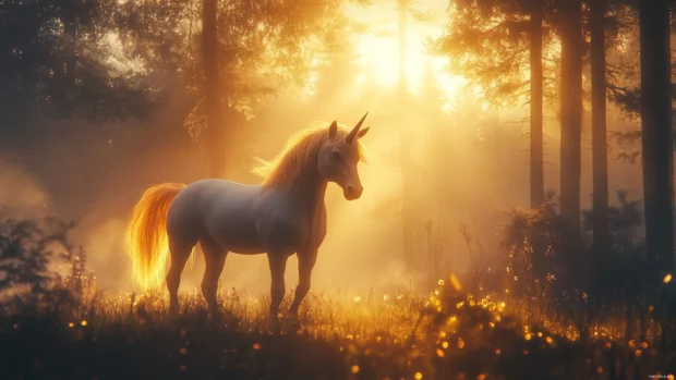 The unicorn emerges from the forest mist as the sunrise begins.