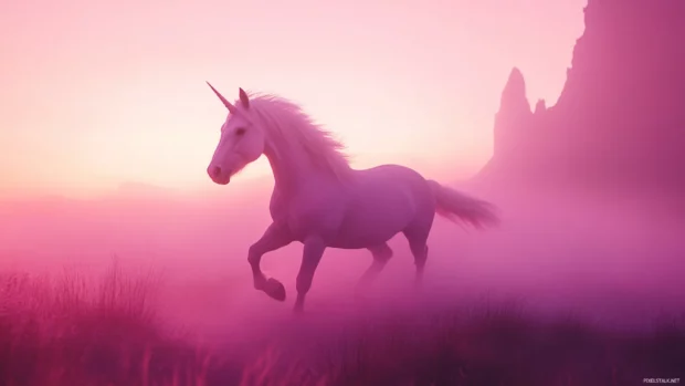 The unicorn runs through pink mist with distant cliffs glowing.