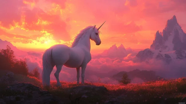 The unicorn stands still as the sky glows pink and orange.