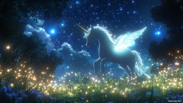 The unicorn stretches its wings beneath glowing stars.
