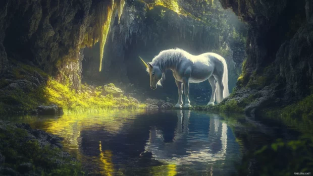 The unicorns reflection glows in a magical cave pool.