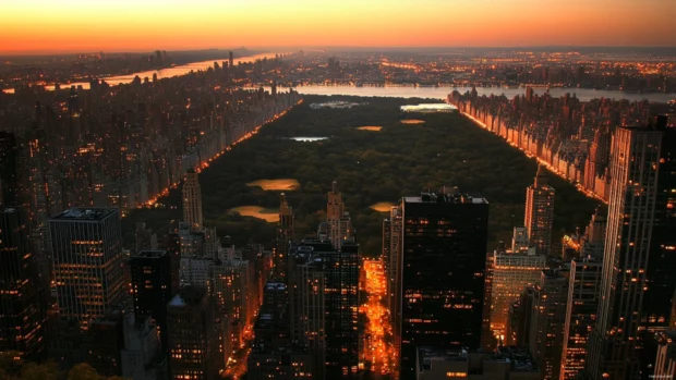 The warm hues of evening soften the skyline of New York City.