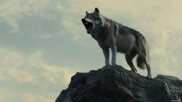 The wolf growls in defiance, standing atop a cliff against the wind.