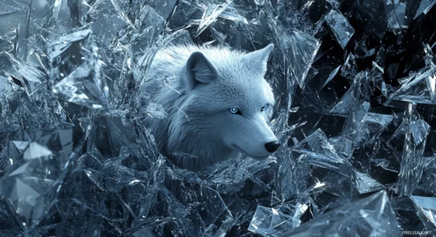 The wolf stares through shattered glass particles in a high resolution 3D winter landscape.
