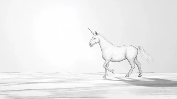 Thin line unicorn walking through empty space.