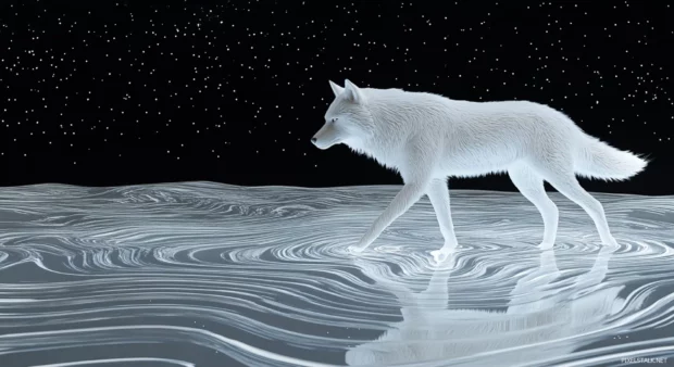 This 3D art piece shows a spectral wolf walking over water as stars ripple across the surface.