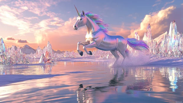 This 4K unicorn wallpaper version shows a unicorn running across reflective crystal plains.