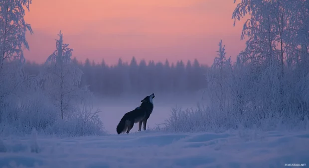 This HD snowy wolf wallpaper captures the silhouette of a howling wolf between icy pines.