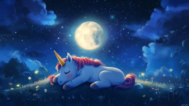 This High Resolution Unicorn Wallpaper features a cartoon unicorn hugging the moon in a night sky.