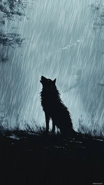 This aggressive wolf iPhone wallpaper features a powerful beast standing tall, growling under the rain.