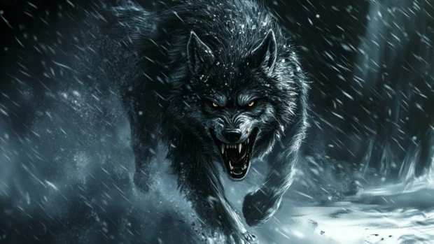This aggressive wolf wallpaper features a grey wolf charging forward through falling snow.